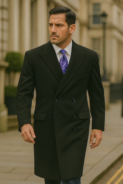 Men's Double Breasted Peak Lapel Jet Black Coat