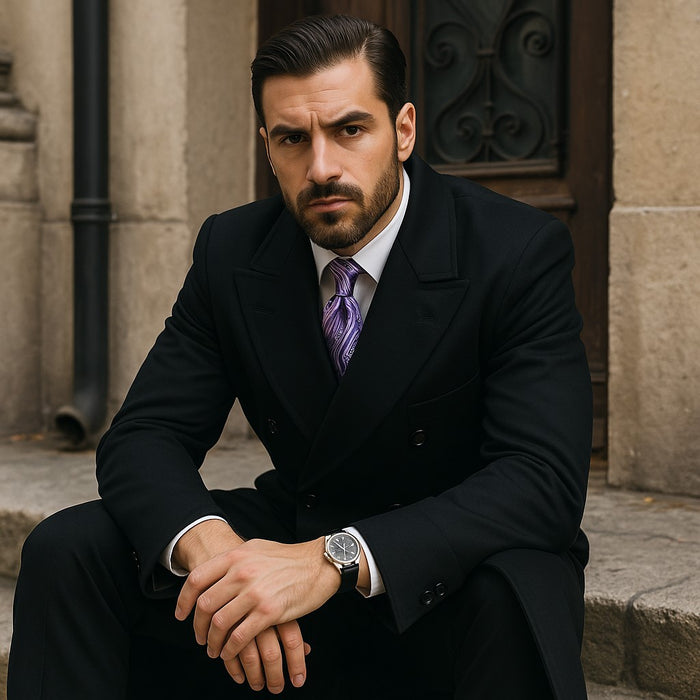 Men's Double Breasted Peak Lapel Jet Black Coat
