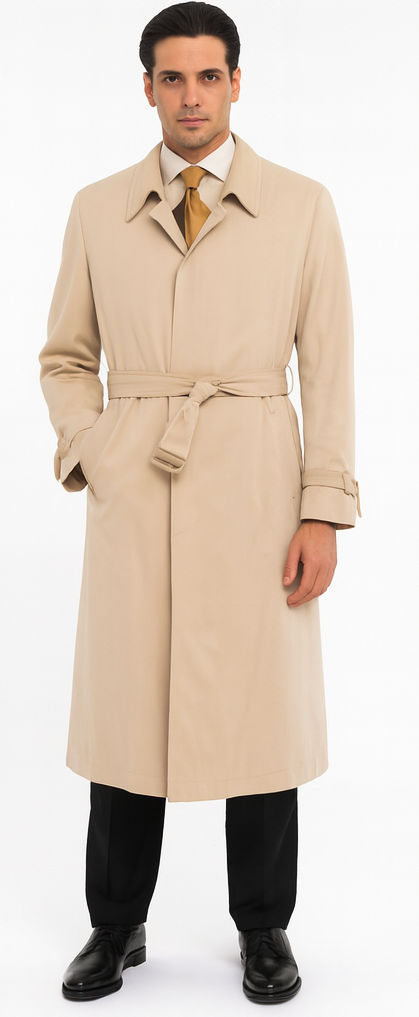 Men's Dress Coat Full Length Trench Rain Coat In Khaki Tan Taupe Long Style
