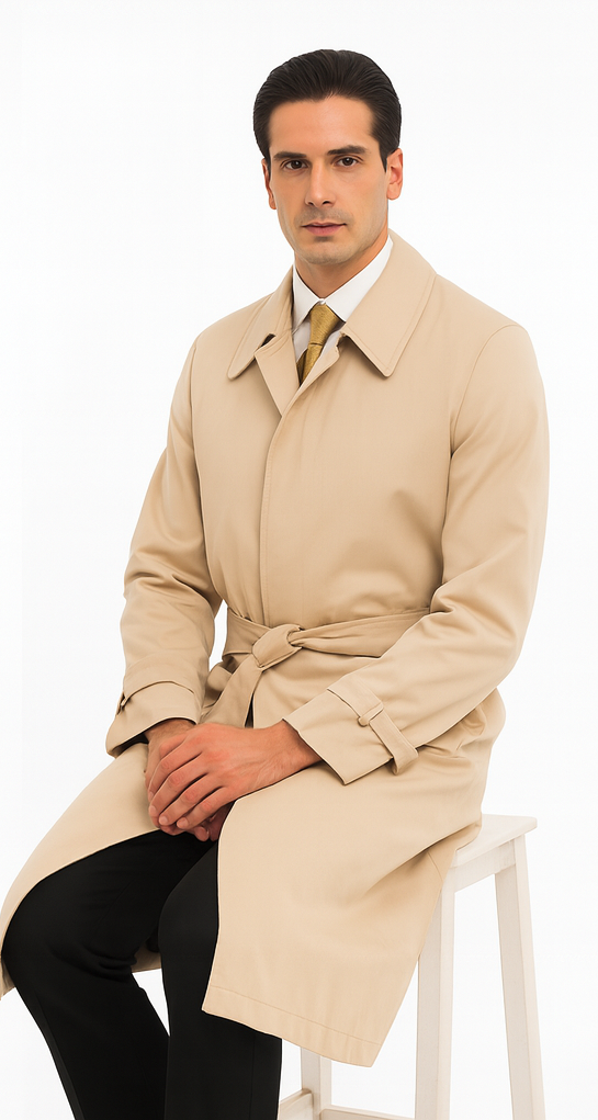 Men's Dress Coat Full Length Trench Rain Coat In Khaki Tan Taupe Long Style