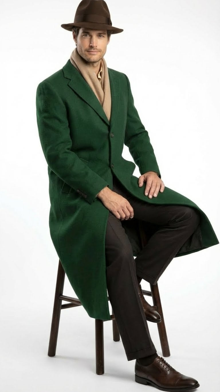 Men’s Hunter Green Full-Length Wool Overcoat 