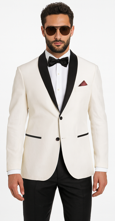 Men's Ivory and Black Satin Lapels Dress The Groom Holds The Wedding Suit (Jacket + Pants)