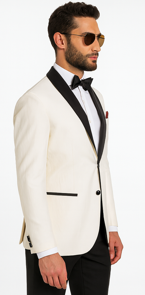 Men's Ivory and Black Satin Lapels Dress The Groom Holds The Wedding Suit (Jacket + Pants)