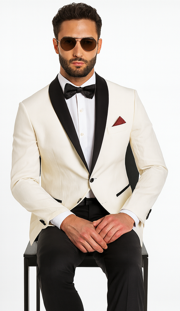 Men's Ivory and Black Satin Lapels Dress The Groom Holds The Wedding Suit (Jacket + Pants)