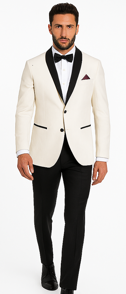 Men's Ivory and Black Satin Lapels Dress The Groom Holds The Wedding Suit (Jacket + Pants)