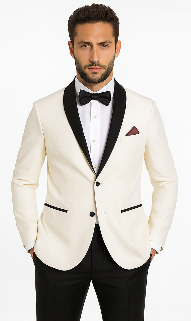 Men's Ivory and Black Satin Lapels Dress The Groom Holds The Wedding Suit (Jacket + Pants)