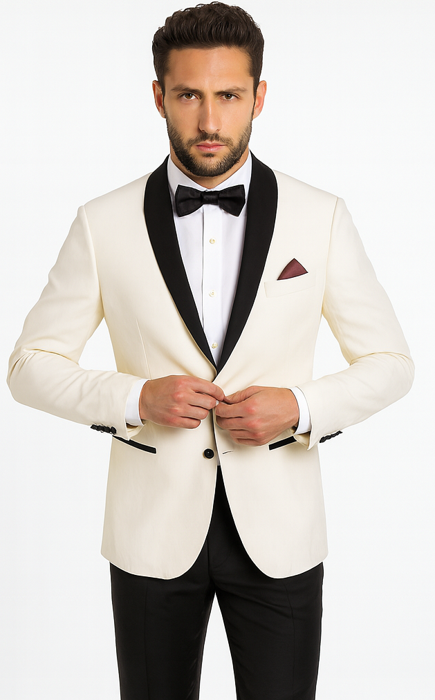 Men's Ivory and Black Satin Lapels Dress The Groom Holds The Wedding Suit (Jacket + Pants)
