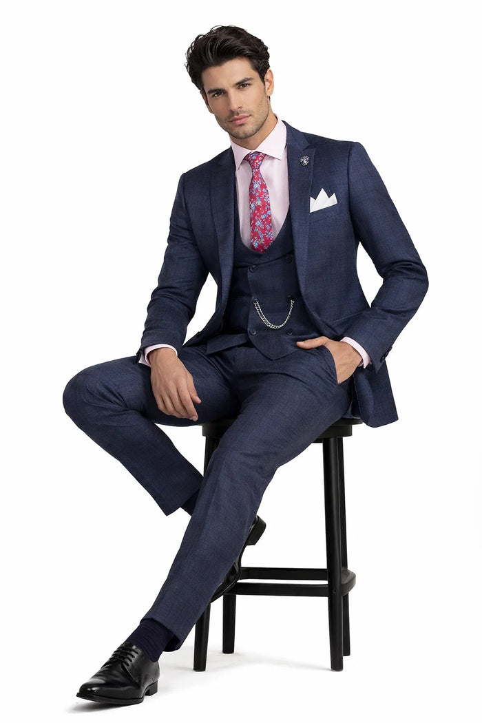 Men’s Navy Blue Plaid Slim Fit 3-Piece Suit – Two Button Vintage Style with Vest