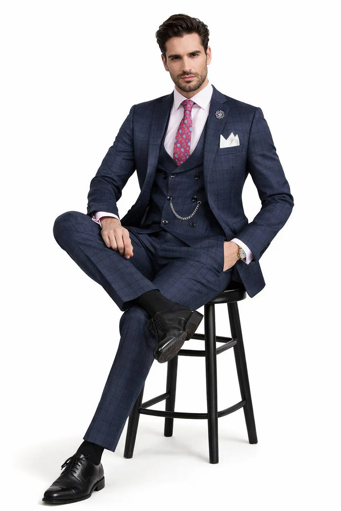 Men’s Navy Blue Plaid Slim Fit 3-Piece Suit – Two Button Vintage Style with Vest