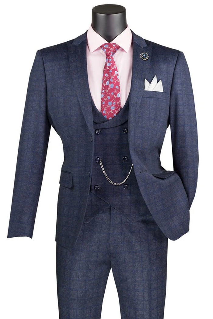 Men’s Navy Blue Plaid Slim Fit 3-Piece Suit – Two Button Vintage Style with Vest