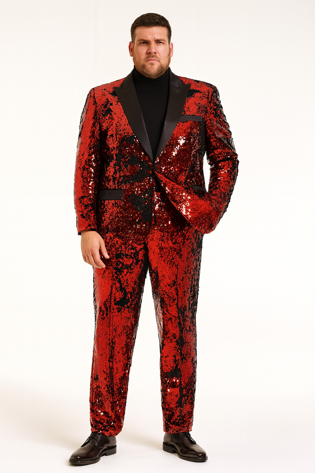 Men’s Red Sequin Tuxedo Suit with Black Lapel