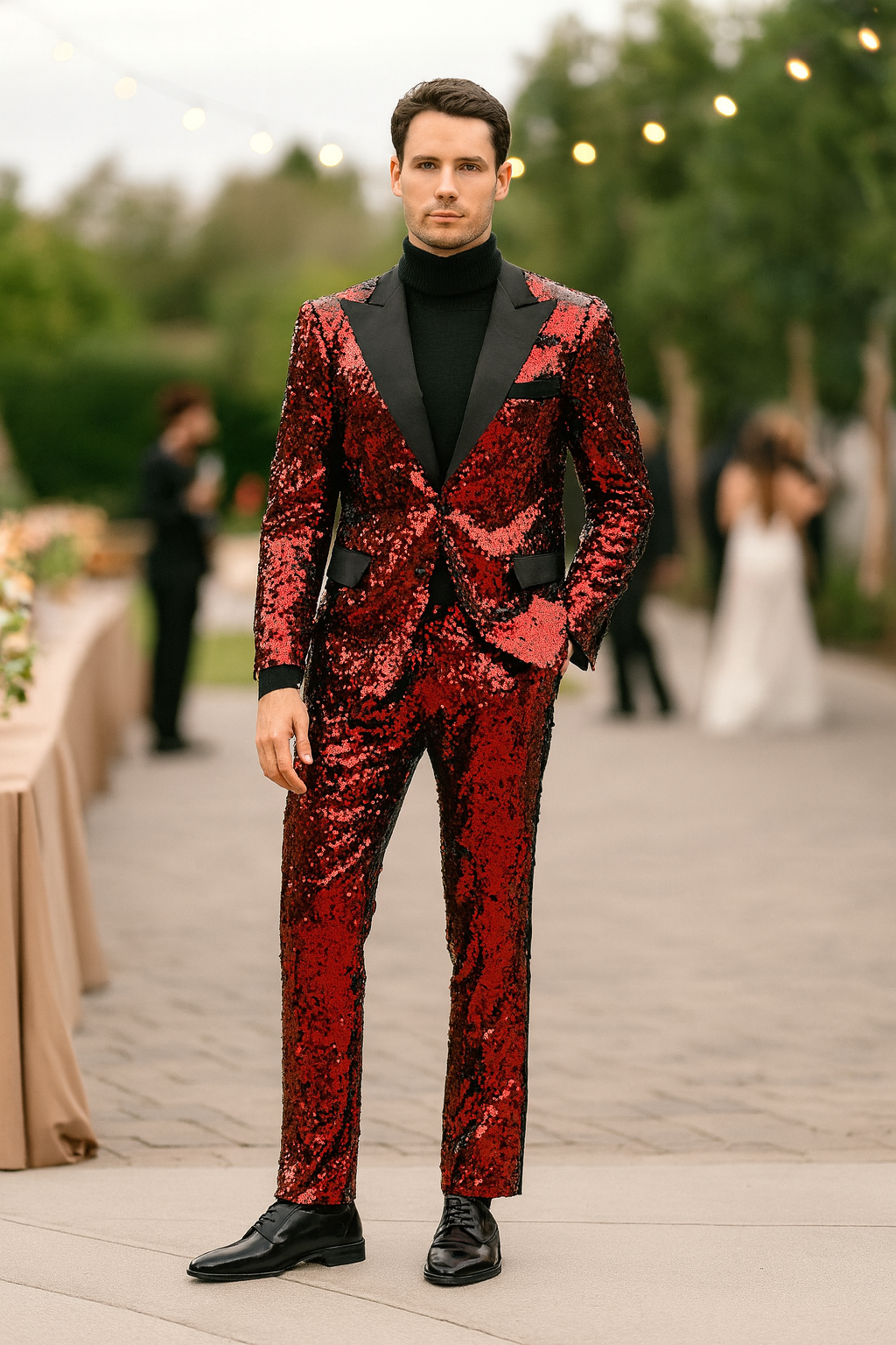 Men’s Red Sequin Tuxedo Suit with Black Lapel