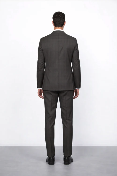 Men’s Brown Plaid Slim Fit Suit by Rossiman Rossi | Peak Lapel Jacket & Tapered Pants – Italian Tailored 3-Piece Classic Suit