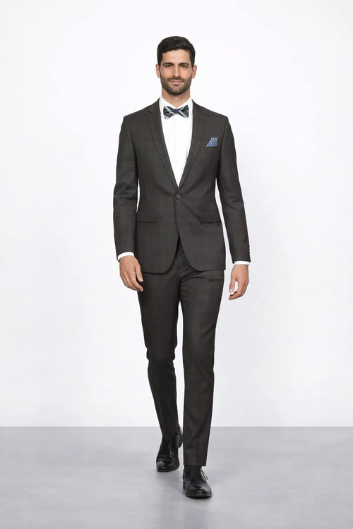 Men’s Brown Plaid Slim Fit Suit by Rossiman Rossi | Peak Lapel Jacket & Tapered Pants – Italian Tailored 3-Piece Classic Suit