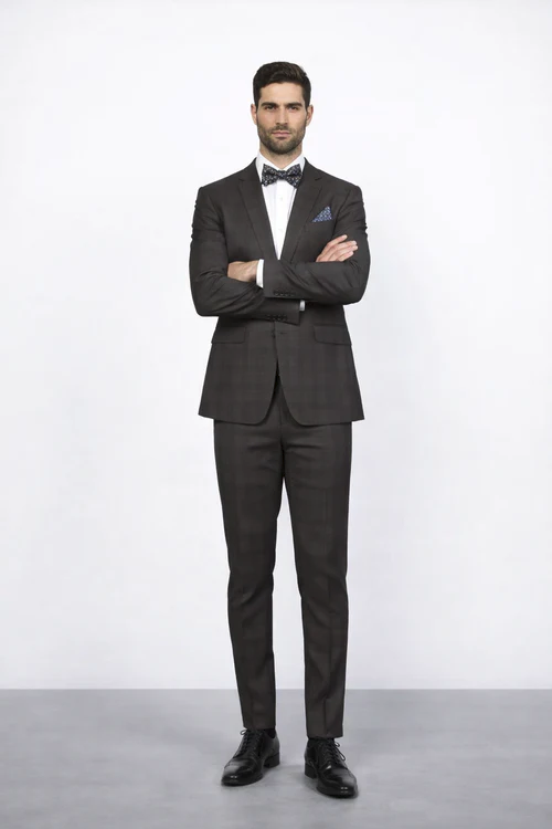 Men’s Brown Plaid Slim Fit Suit by Rossiman Rossi | Peak Lapel Jacket & Tapered Pants – Italian Tailored 3-Piece Classic Suit