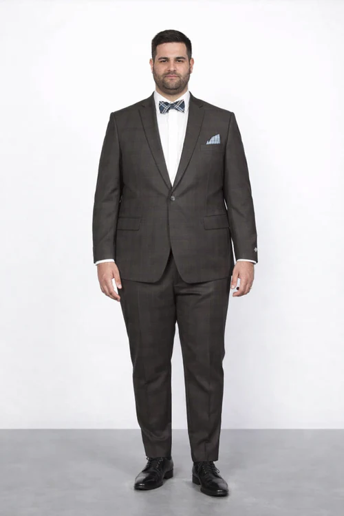 Men’s Brown Plaid Slim Fit Suit by Rossiman Rossi | Peak Lapel Jacket & Tapered Pants – Italian Tailored 3-Piece Classic Suit