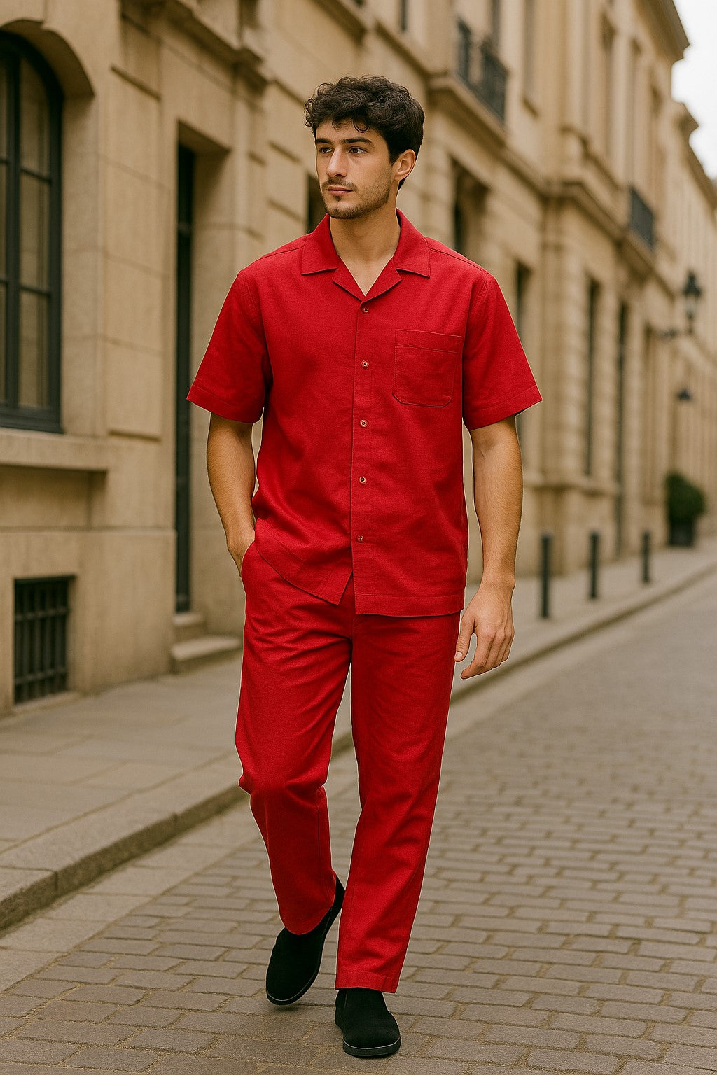 Men's Short Sleeve Button Closure 100% Linen 2 Piece Red Shirt Walking Leisure Suit