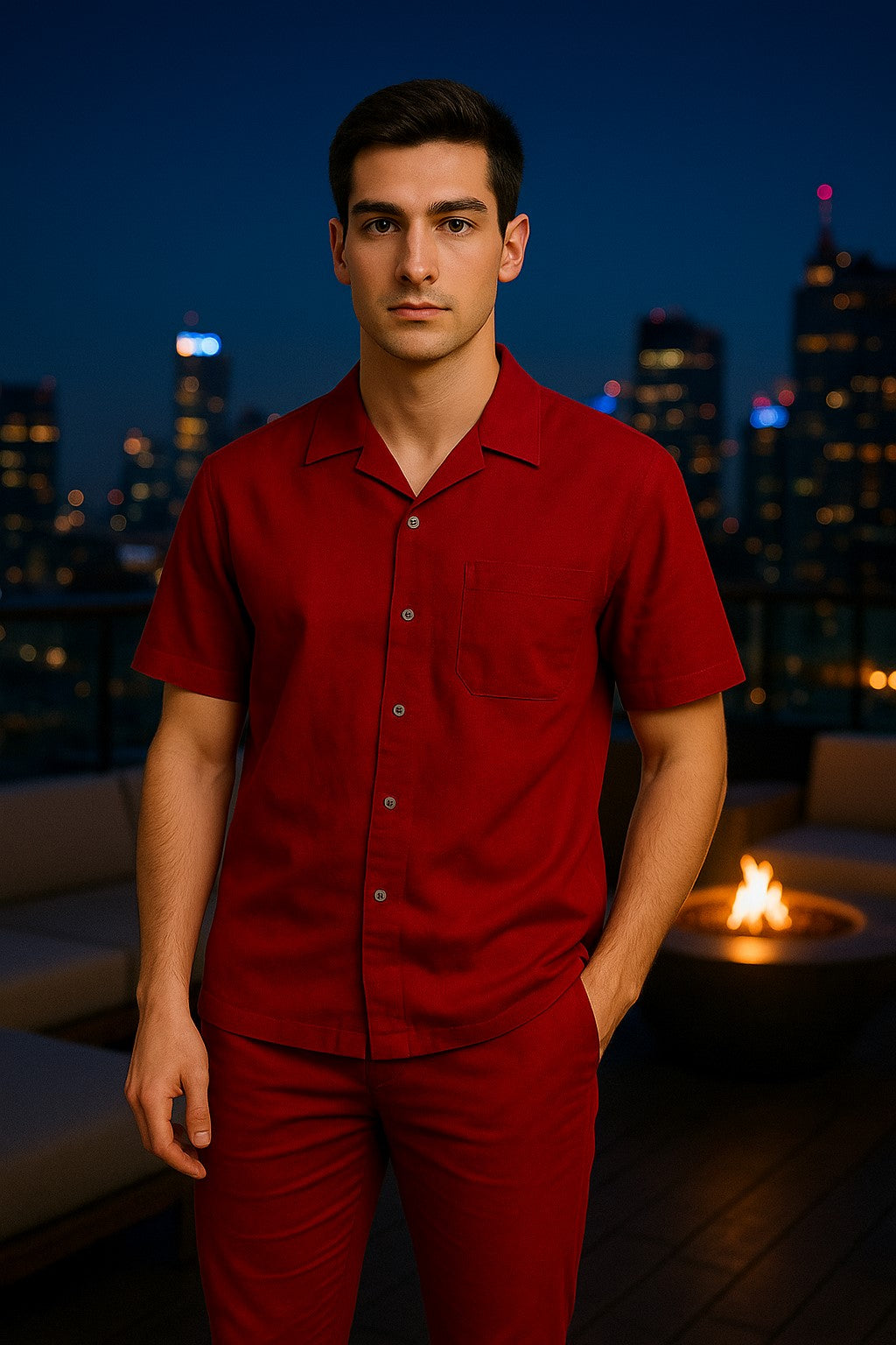 Men's Short Sleeve Button Closure 100% Linen 2 Piece Red Shirt Walking Leisure Suit