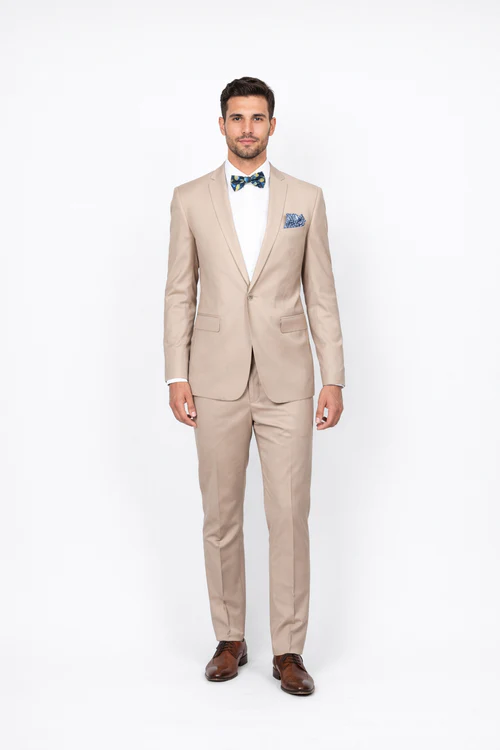 Beige Slim Fit Suit for Men by Rossiman Rossi | Tailored Skinny Fit Formal Suit – Italian 3-Piece Luxury Design