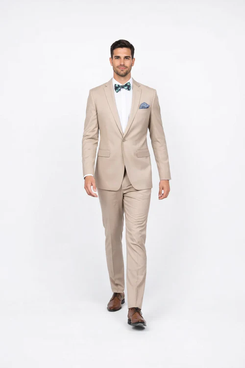 Beige Slim Fit Suit for Men by Rossiman Rossi | Tailored Skinny Fit Formal Suit – Italian 3-Piece Luxury Design