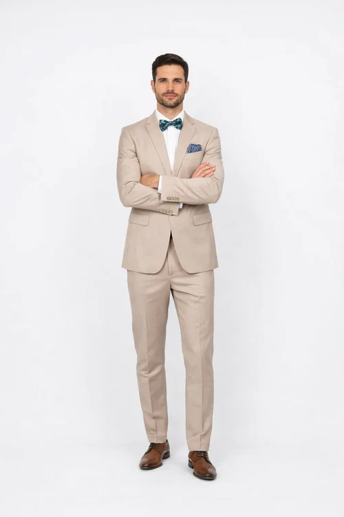 Beige Slim Fit Suit for Men by Rossiman Rossi | Tailored Skinny Fit Formal Suit – Italian 3-Piece Luxury Design