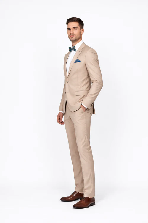 Beige Slim Fit Suit for Men by Rossiman Rossi | Tailored Skinny Fit Formal Suit – Italian 3-Piece Luxury Design