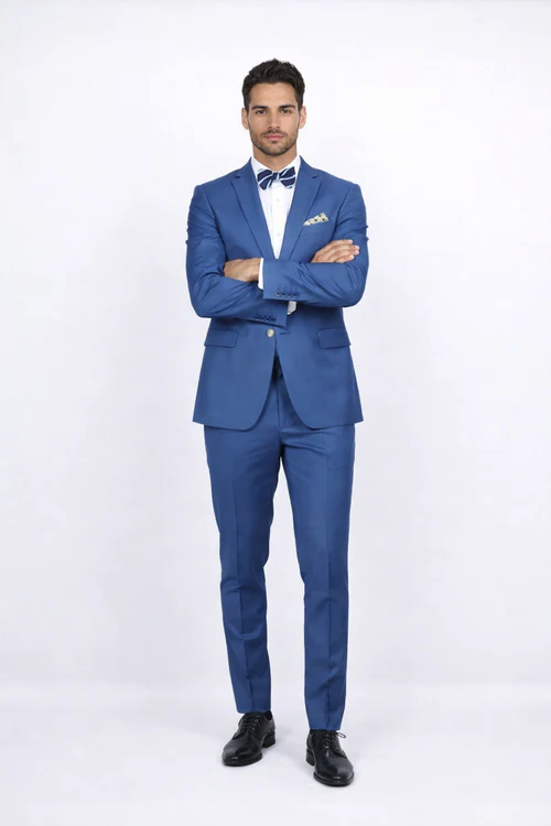 Blue Slim Fit Men’s Suit by Rossiman Rossi | Skinny Style with 1-Button Jacket – Italian Tailored Modern Formalwear