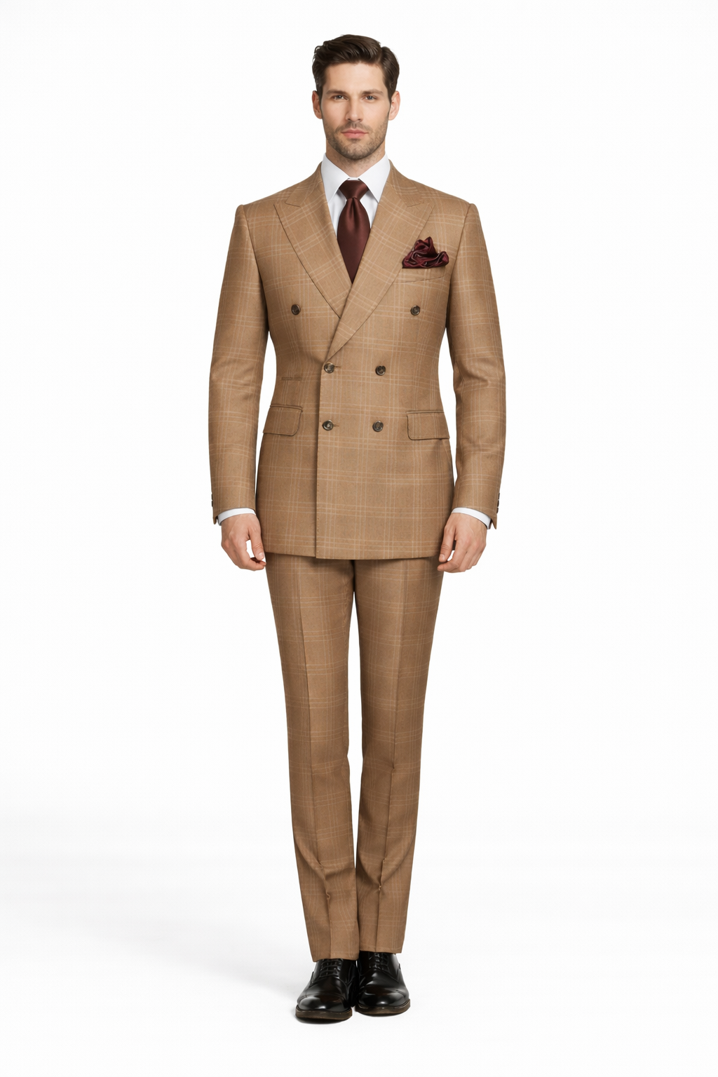 Tan Windowpane Plaid Double-Breasted Suit