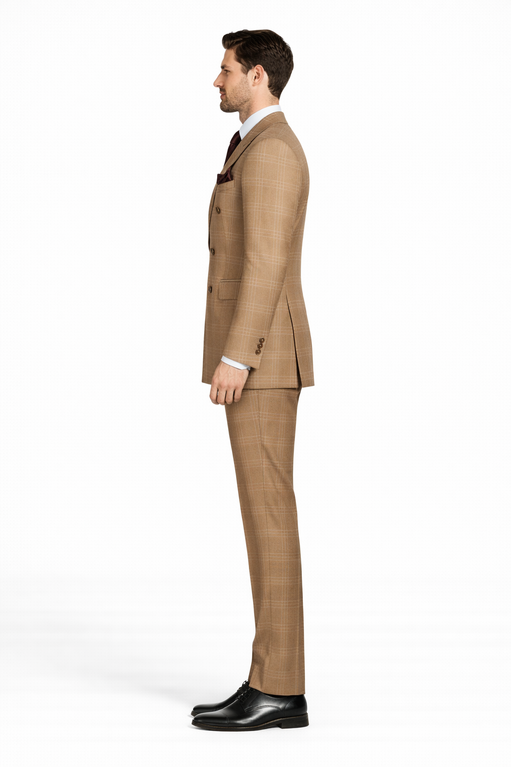 Tan Windowpane Plaid Double-Breasted Suit