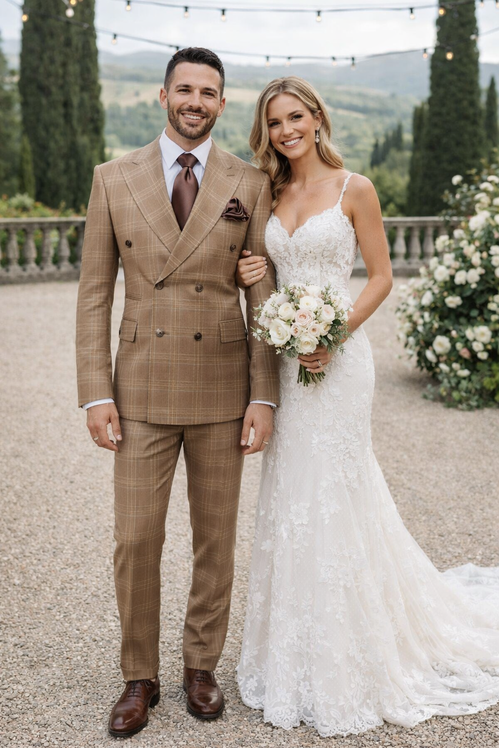 Tan Windowpane Plaid Double-Breasted Suit
