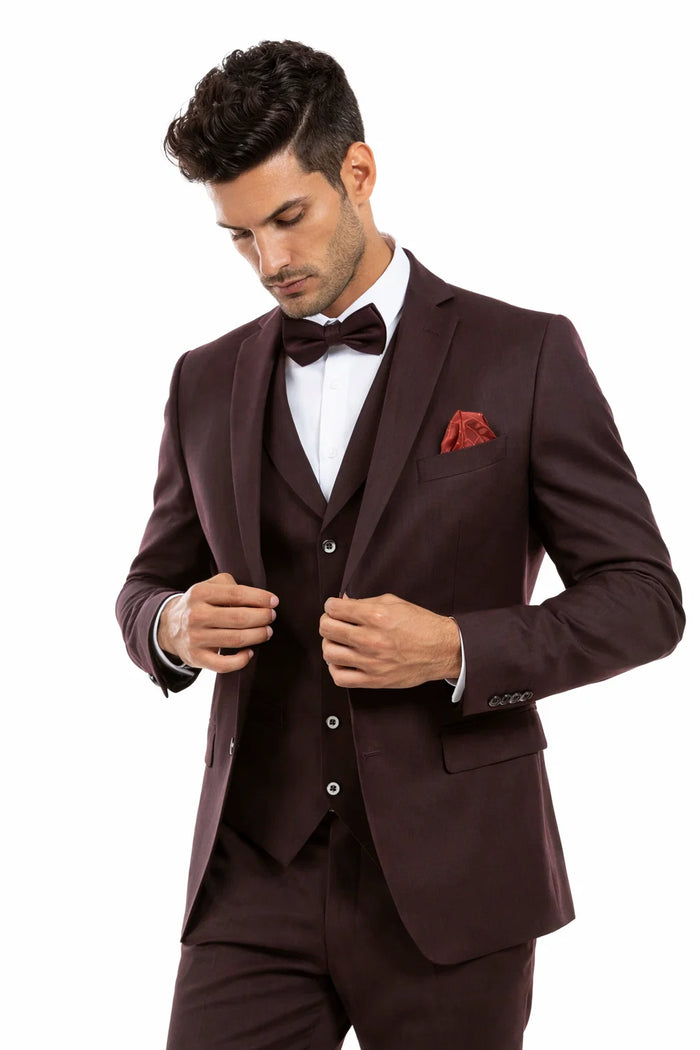 Men’s Two Button Vested Vintage Style Tweed Wedding Suit – Burgundy