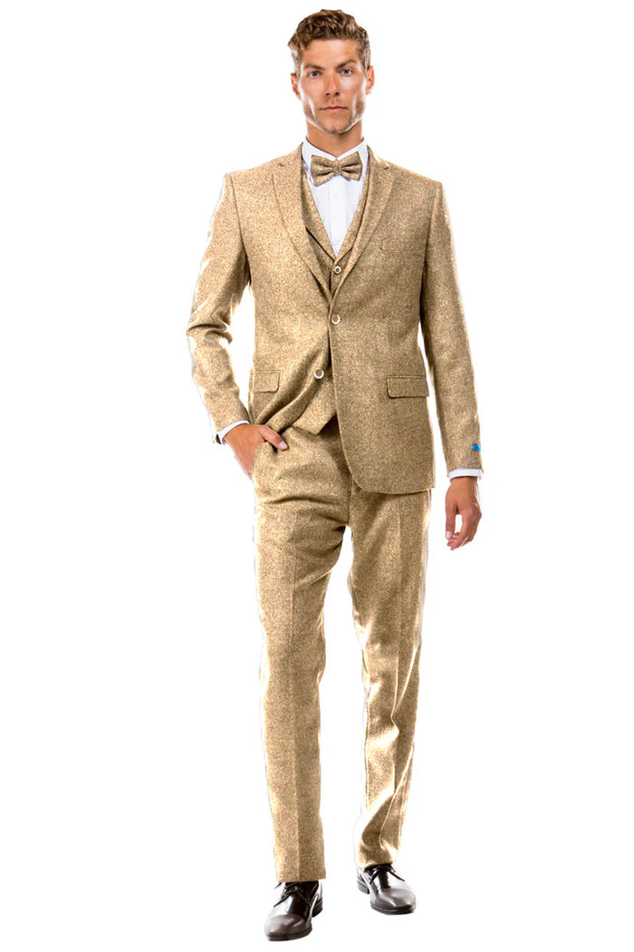 Men’s Two Button Vested Vintage Style Tweed Wedding Suit in Beige