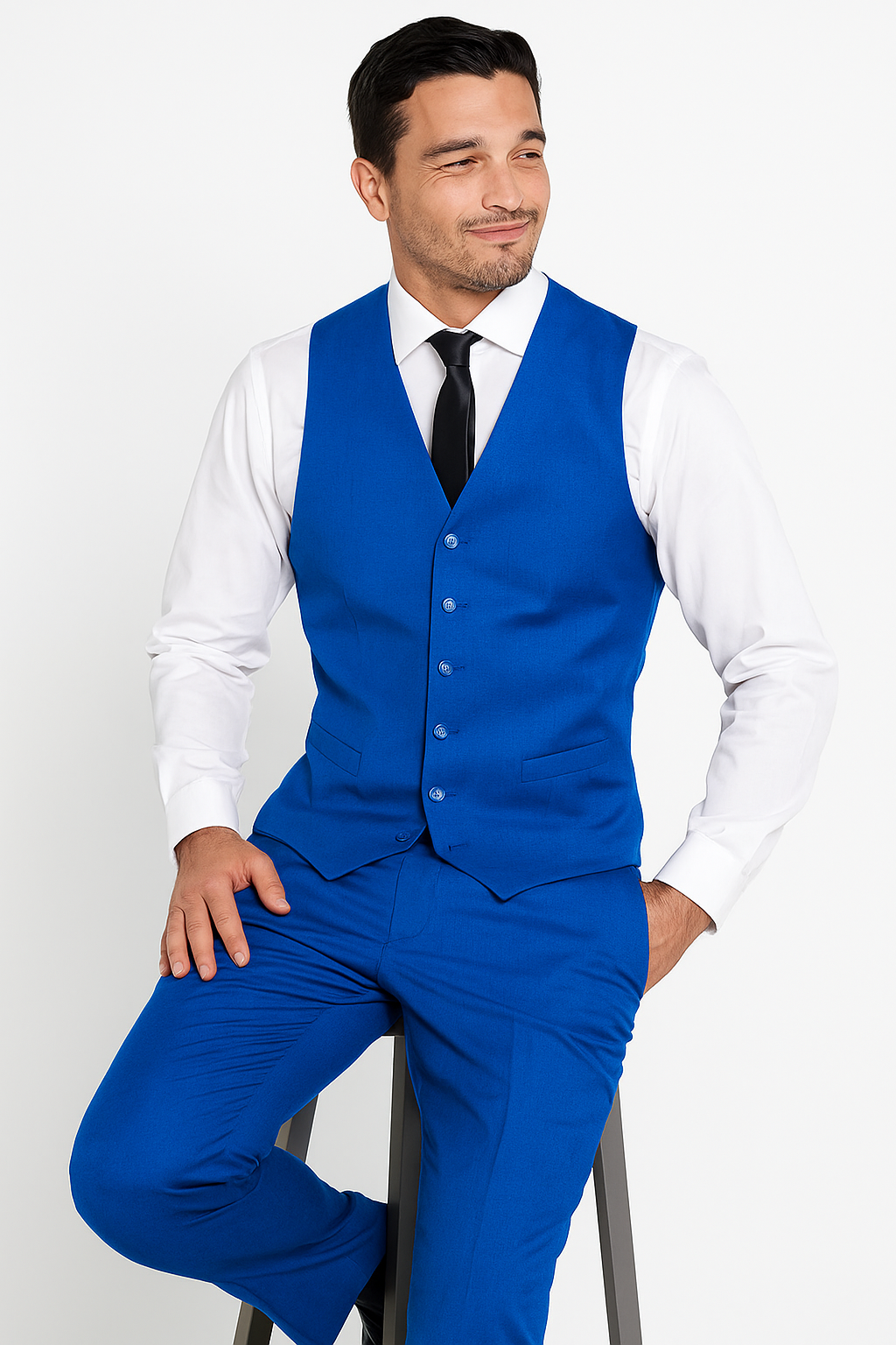 Men's Vest Matching Solid Regular Fit Dress Pants Set + Any Color Shirt & Tie Royal Blue