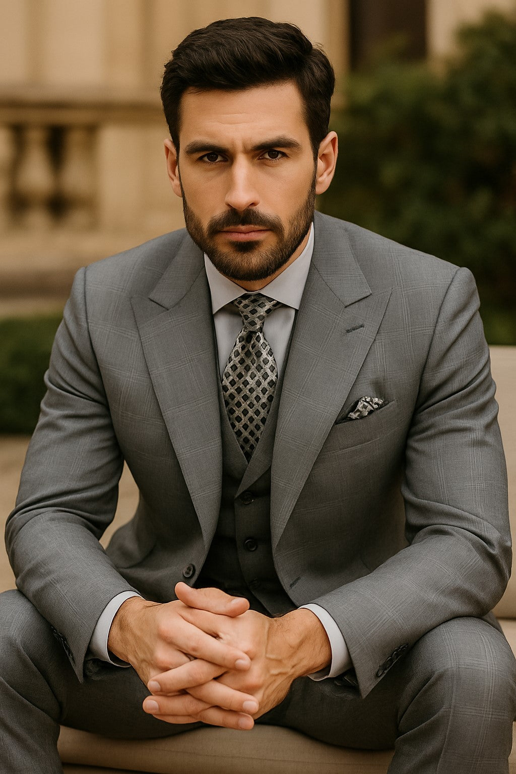 Men's Vinci Peak Lapel Double Breasted Suit High back Vented Jacket with Flap Pockets Grey