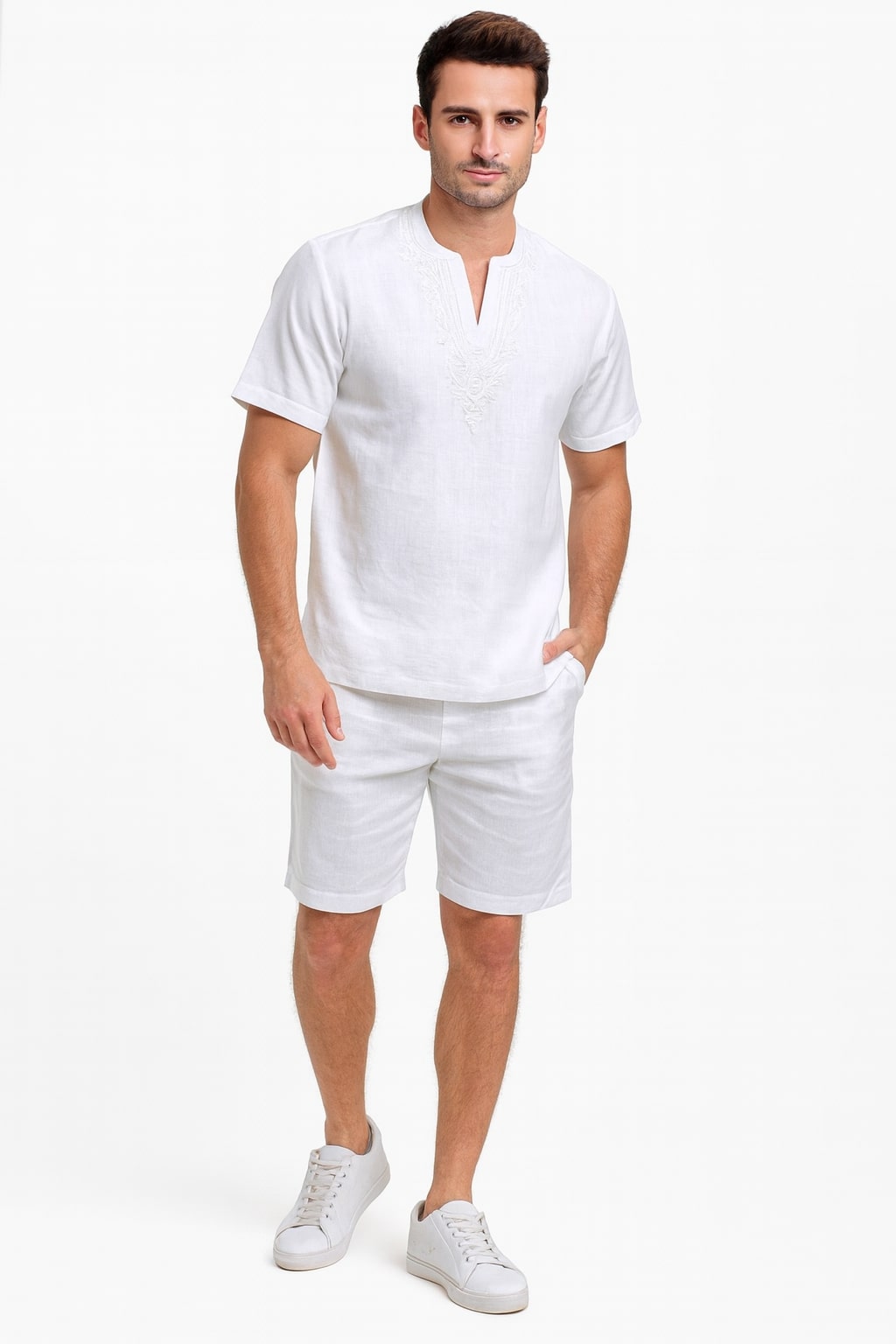 White Embroidered Summer Short Set for Men