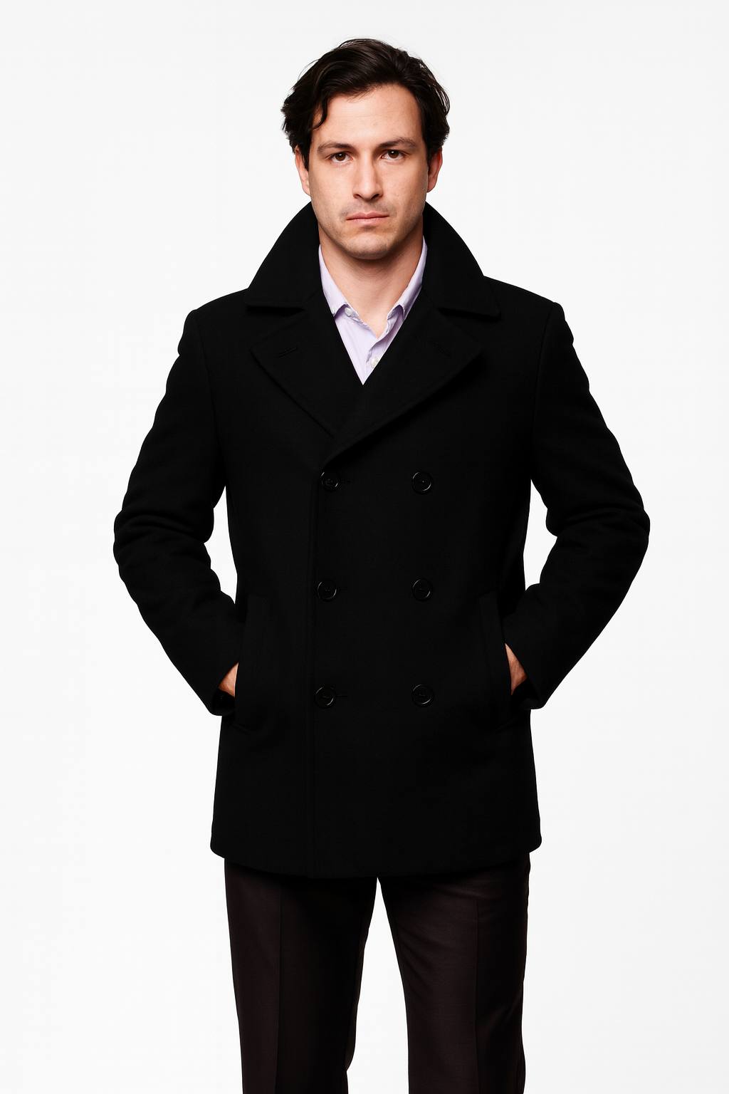 Men's Black Six Button Double Breasted Cheap Priced Mens Wool Peacoat Jacket
