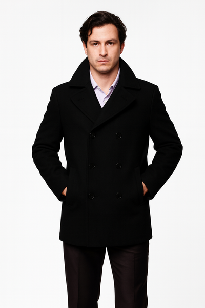 Men's Black Six Button Double Breasted Cheap Priced Mens Wool Peacoat Jacket