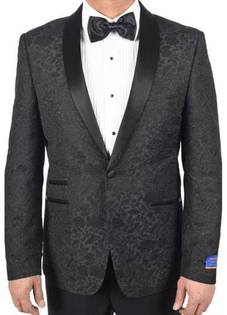 Men's Black Super 150's Viscose Blend 1 Button Tuxedo Floral Pattern Dinner Jacket