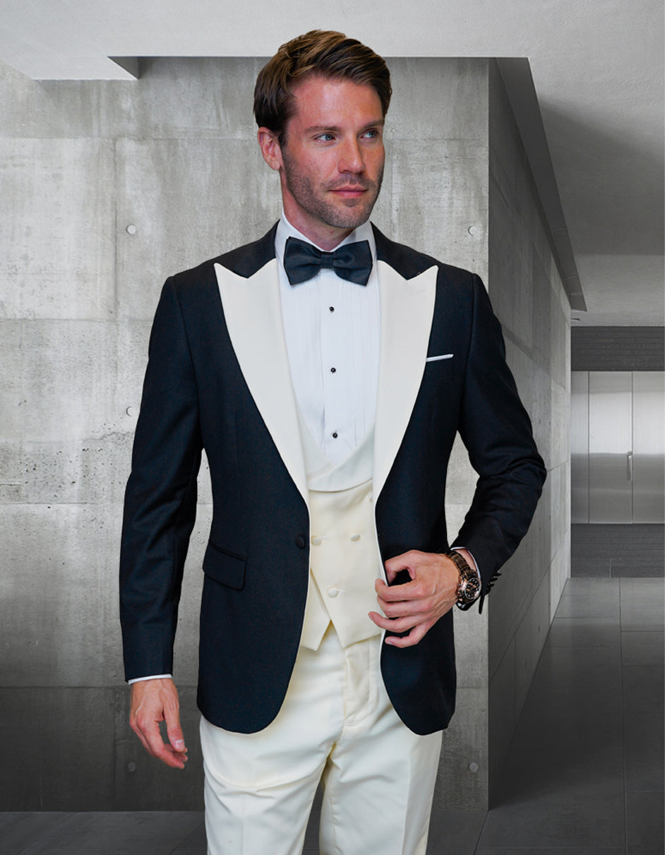 Black and Ivory Wool Vested Peak Tuxedo
