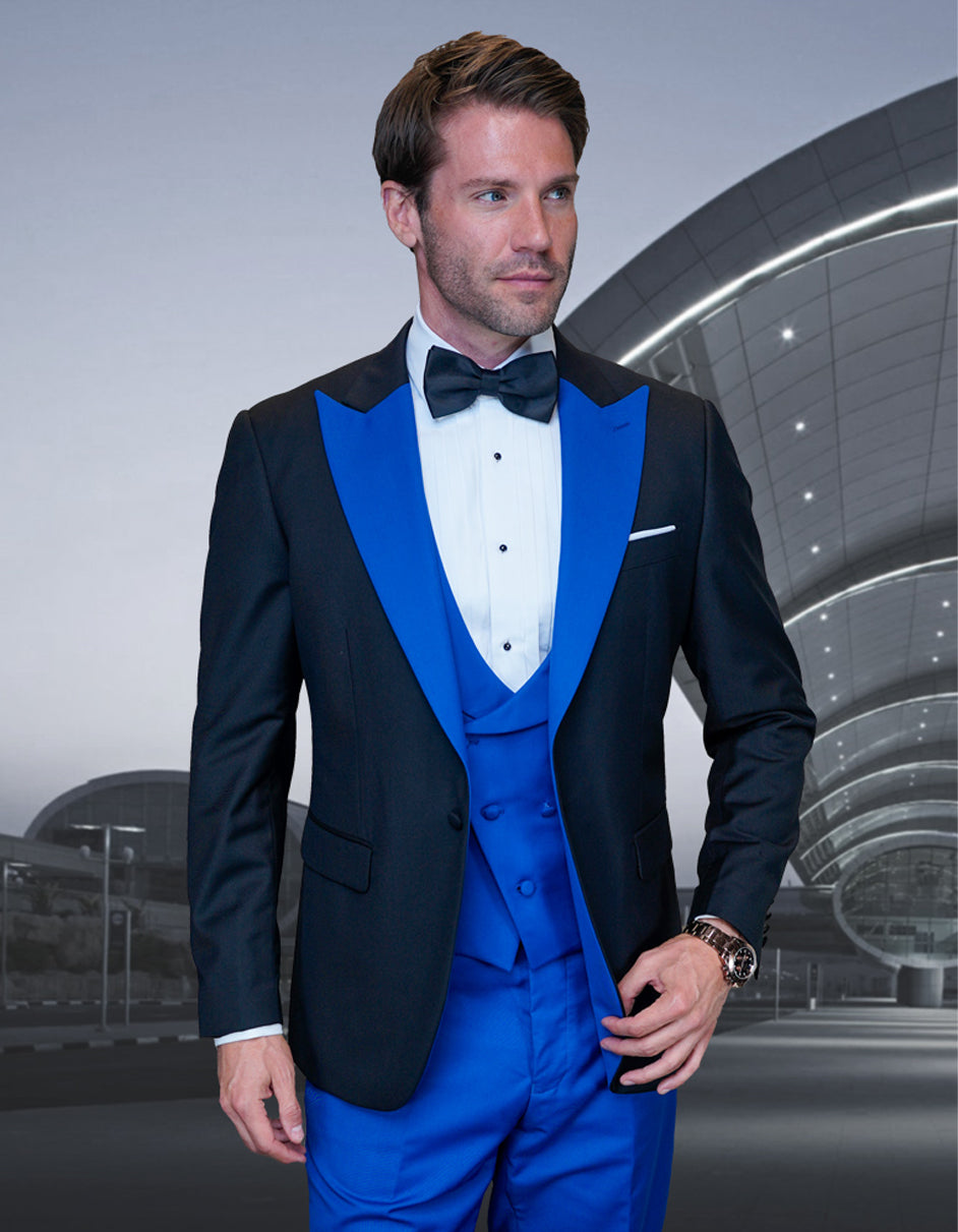 Wide Contrast Peak Black & Royal Vested Tuxedo