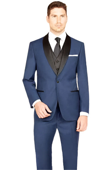 Men's 1 Button French Blue Shawl Lapel Vest Tuxedo Suit