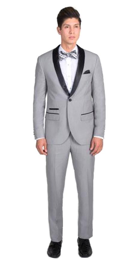 Men's 1 Button Light Gray Slim Fit With Black Shawl Lapel