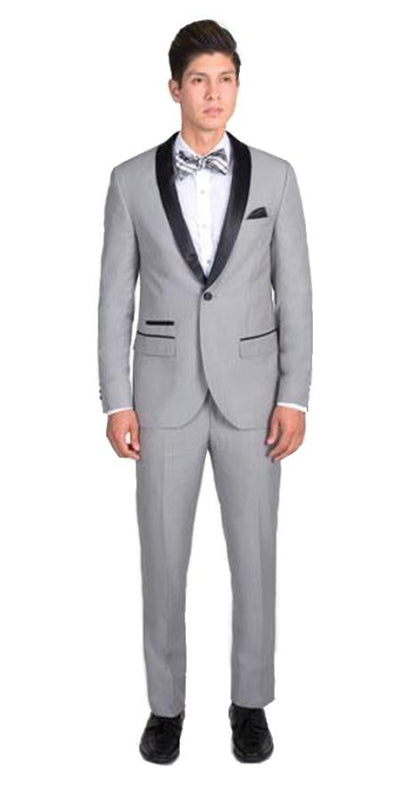 Men's 1 Button Light Gray Slim Fit With Black Shawl Lapel