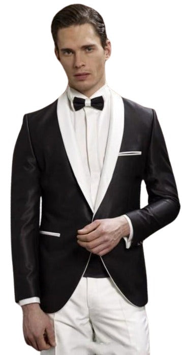 Men’s Black Dinner Jacket with White Shawl Lapel, Single Button Formal Tuxedo Blazer