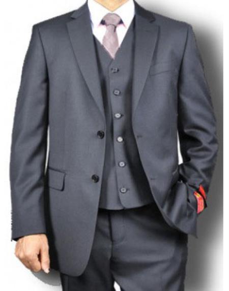 Men's 100% Solid 2 Button Vested 3 Piece Suit Jet Black- High End Suits - High Quality Suits
