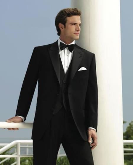 Men's 2-Button Peak Tuxedo (Slim Fit) - Black Peak Lapel Tuxedo Suit - Wide Lapel Tuxedo Slim Fit Black Tuxedo - Skinny Fit Tuxedo