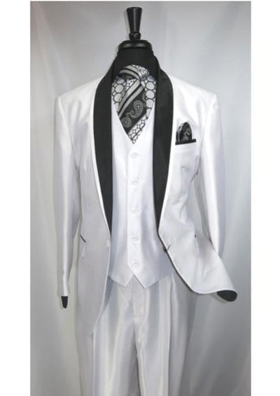 Men's 3 Piece One Button Shawl Lapel Suit Jacket with Black Satin Trim Collar White