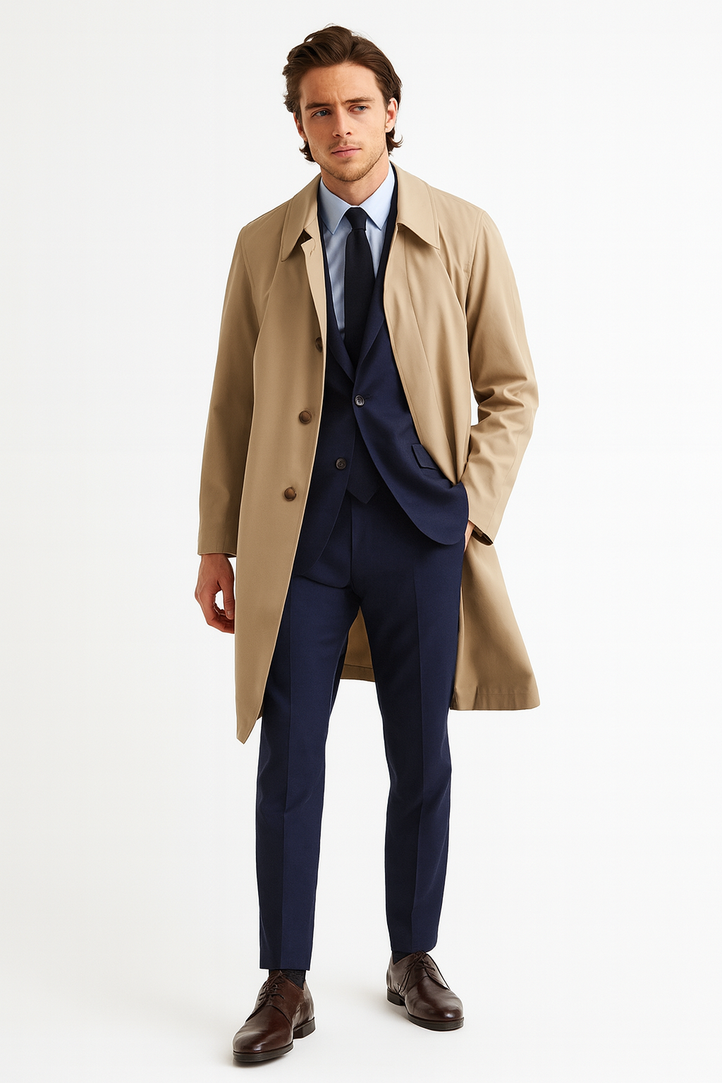 Men's Classic Beige Trench Coat Button Long Overcoat