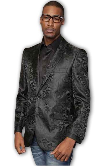 Men's Shiny Paisley Black 2 Button Side Vents Entertainer Jacket