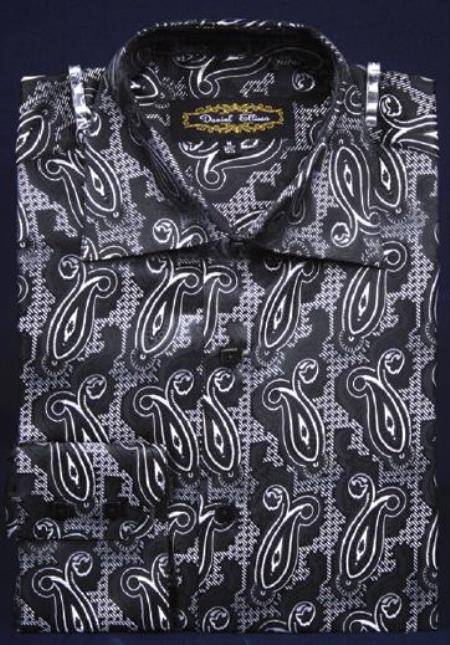 Men's Fancy Polyester Dress Fashion Club Clubbing Clubwear With Button Cuff Black Shirt Night Outfit Guys Wear ForClothing S or Small